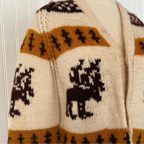 Vintage Cardigan Sweater Moose Stripes Checkerboard Mustard Handmade Cowichan - Picture 6 of 15